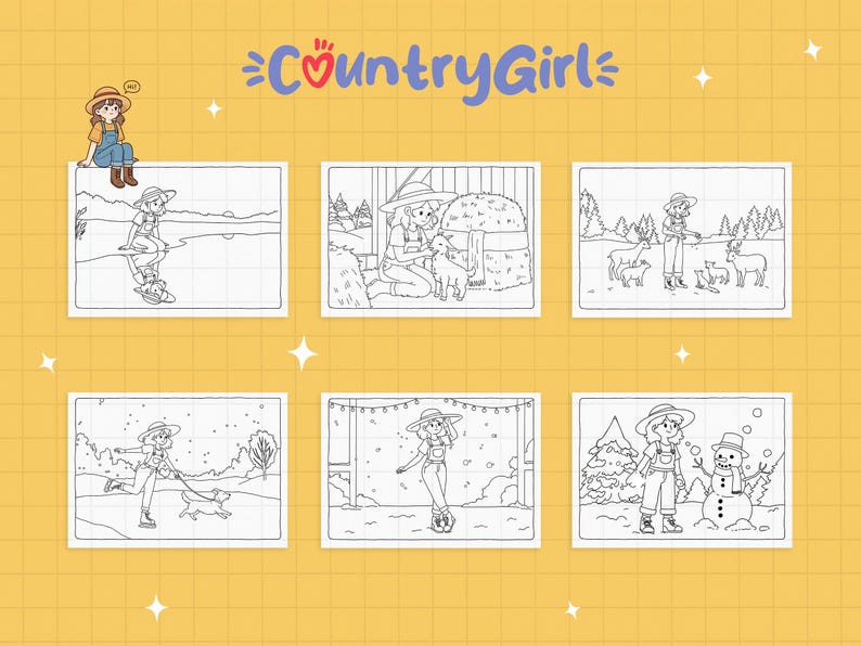 May include: A yellow background with the text "Country Girl" in blue and red. Six black and white illustrations of a girl in dungarees and a straw hat are displayed. The illustrations depict various outdoor scenes.