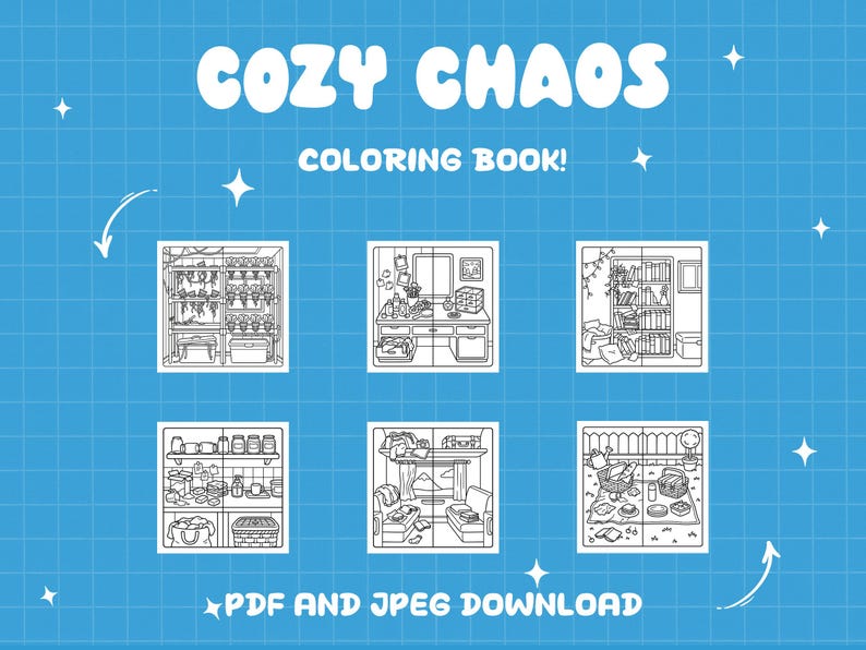 K&ouml;nnte beinhalten: Blauer Hintergrund mit den Worten "COZY CHAOS" und "COLORING BOOK!" in Wei&szlig;. Darunter sechs Schwarz-Wei&szlig;-Illustrationen von gem&uuml;tlichen R&auml;umen. Der Text "PDF AND JPEG DOWNLOAD" steht unten.