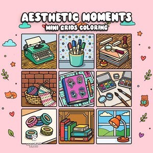 May include: Aesthetic Moments Mini Grids Coloring book cover. The image features nine illustrated squares with various art and craft supplies, including a typewriter, pens, a journal, and washi tape. The title is at the top in a decorative font.