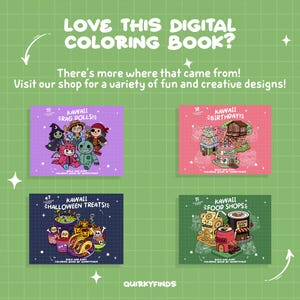 K&ouml;nnte beinhalten: Ein gr&uuml;ner Hintergrund mit wei&szlig;en Sternen und Text mit der Aufschrift "LOVE THIS DIGITAL COLORING BOOK?" und "There's more where that came from! Visit our shop for a variety of fun and creative designs!" Vier quadratische Bilder werden angezeigt, jedes mit einem anderen Kawaii-Thema.