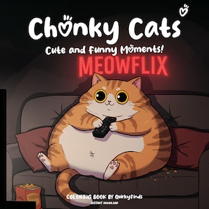 May include: A colouring book cover featuring a cartoon orange and white cat watching television on a sofa. The cat is holding a remote control and there is a bowl of popcorn on the sofa. The title of the book is "Chonky Cats: Cute and Funny Moments! MEOWFLIX".