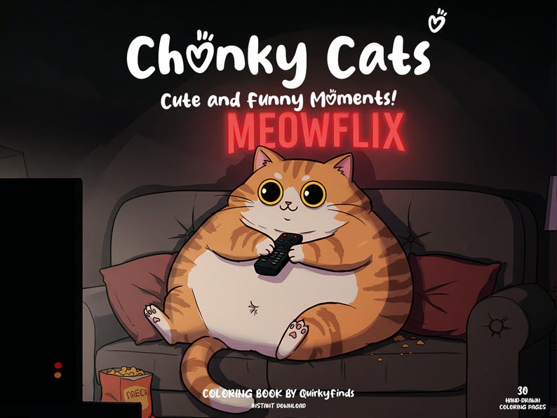 May include: A colouring book cover featuring a cartoon orange and white cat watching television on a sofa. The cat is holding a remote control and there is a bowl of popcorn on the sofa. The title of the book is "Chonky Cats: Cute and Funny Moments! MEOWFLIX".