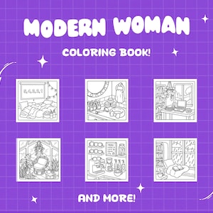 Printable adult coloring pages for women showing modern home scenes, self care routines, and relaxing everyday moments