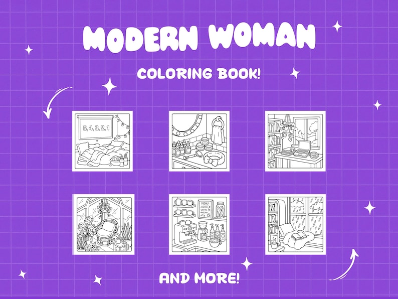 Printable adult coloring pages for women showing modern home scenes, self care routines, and relaxing everyday moments