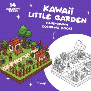 K&ouml;nnte beinhalten: Eine Malvorlage mit einer niedlichen, handgezeichneten Illustration eines kawaii-Kleingartens mit zwei H&auml;usern, Z&auml;unen, Blumen und einem Weg. Die Seite ist in zwei Abschnitte unterteilt, einen mit Farbe und einen ohne, so dass der Benutzer das Bild ausmalen kann.