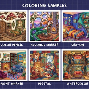 May include: A grid of six square coloring samples labeled COLORING SAMPLES, COLOR PENCIL, ALCOHOL MARKER, CRAYON, PAINT MARKER, DIGITAL, and WATERCOLOR. Each square displays a detailed interior room illustration rendered in a distinct artistic style.