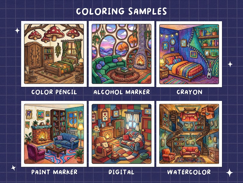 May include: A grid of six square coloring samples labeled COLORING SAMPLES, COLOR PENCIL, ALCOHOL MARKER, CRAYON, PAINT MARKER, DIGITAL, and WATERCOLOR. Each square displays a detailed interior room illustration rendered in a distinct artistic style.