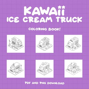 Puede incluir: Una p&aacute;gina para colorear con seis ilustraciones diferentes de un cami&oacute;n de helados kawaii. Cada cami&oacute;n tiene un dise&ntilde;o diferente y est&aacute; rodeado de mesas y sillas. El texto "KAWAII ICE CREAM TRUCK COLORING BOOK!" est&aacute; en la parte superior de la p&aacute;gina.
