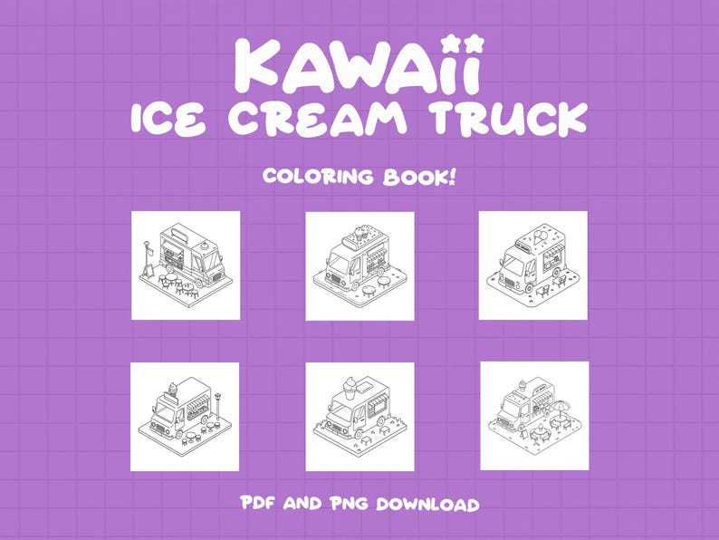 Puede incluir: Una p&aacute;gina para colorear con seis ilustraciones diferentes de un cami&oacute;n de helados kawaii. Cada cami&oacute;n tiene un dise&ntilde;o diferente y est&aacute; rodeado de mesas y sillas. El texto "KAWAII ICE CREAM TRUCK COLORING BOOK!" est&aacute; en la parte superior de la p&aacute;gina.