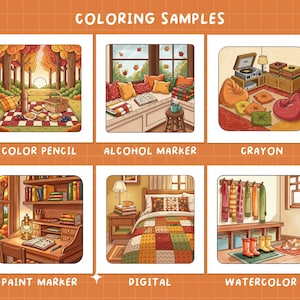 May include: A digital illustration displaying colouring samples. Scenes include a picnic, a reading nook, and a bedroom. The text "COLOURING SAMPLES" is at the top, with labels for each medium below, such as "Color Pencil" and "Alcohol Marker."