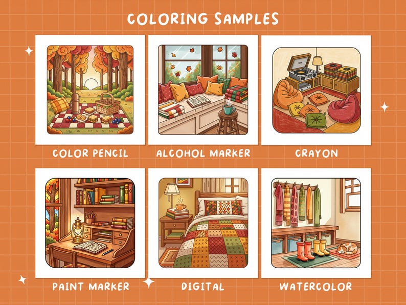 May include: A digital illustration displaying colouring samples. Scenes include a picnic, a reading nook, and a bedroom. The text "COLOURING SAMPLES" is at the top, with labels for each medium below, such as "Color Pencil" and "Alcohol Marker."