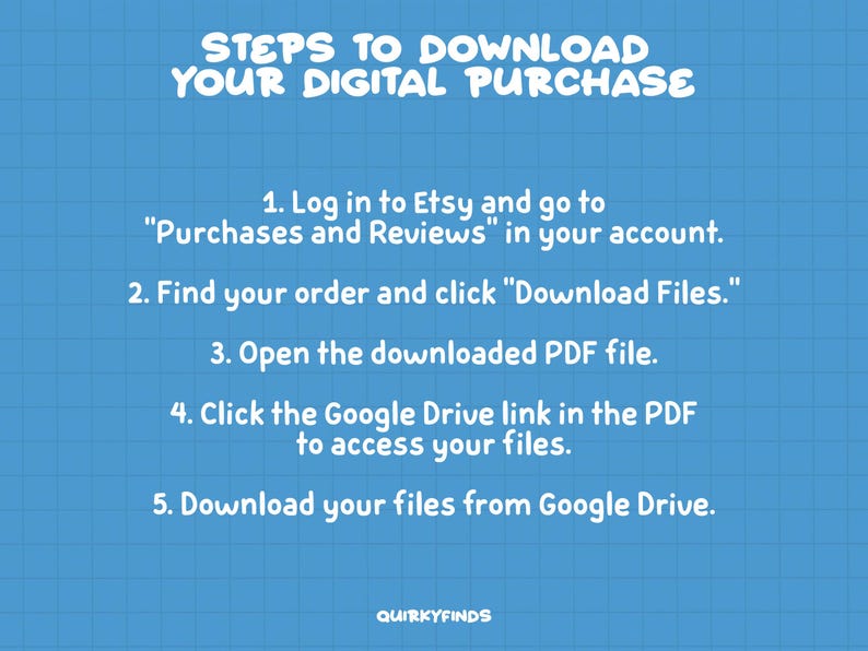 Puede incluir: Fondo azul con texto blanco que detalla los pasos para descargar una compra digital de Etsy. Las instrucciones incluyen iniciar sesi&oacute;n, encontrar el pedido y acceder a Google Drive. El texto est&aacute; en una fuente l&uacute;dica.