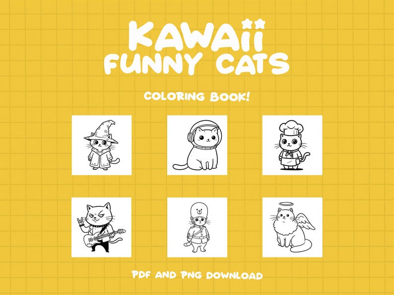May include: A black and white coloring book featuring cute cats in various costumes. The title of the book is "Kawaii Funny Cats Coloring Book!" with a PDF and PNG download option.