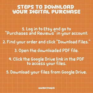 May include: An orange background with a grid pattern displays instructions for downloading digital purchases. The text reads "STEPS TO DOWNLOAD YOUR DIGITAL PURCHASE" followed by five numbered steps. The Quirkyfinds logo is at the bottom.