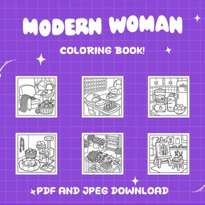 Printable adult coloring pages for women showing modern home scenes, self care routines, and relaxing everyday moments