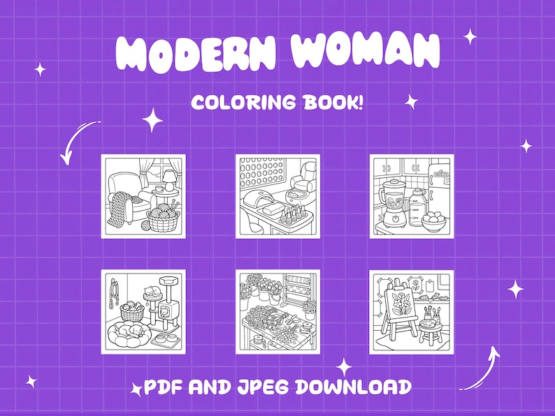 Printable adult coloring pages for women showing modern home scenes, self care routines, and relaxing everyday moments