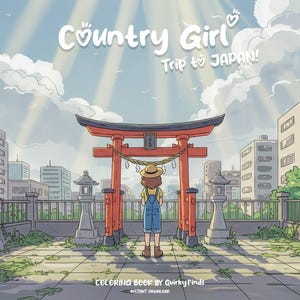 May include: A coloring book cover featuring a cartoon girl standing in front of a red Japanese torii gate. The text on the cover reads "Country Girl Trip to JAPAN!" and "COLORING BOOK BY Quirky Finds".