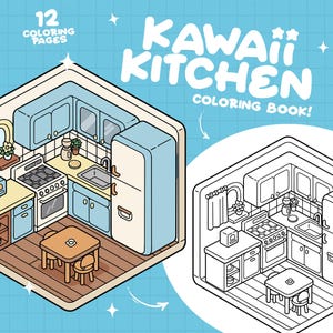 May include: A black and white line drawing of a kitchen with a refrigerator, stove, sink, cabinets, and a table with two chairs. The text "KAWAII KITCHEN COLORING BOOK!" is at the top of the image.