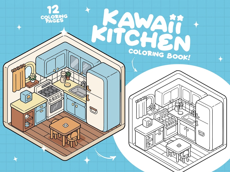 May include: A black and white line drawing of a kitchen with a refrigerator, stove, sink, cabinets, and a table with two chairs. The text "KAWAII KITCHEN COLORING BOOK!" is at the top of the image.