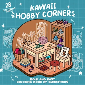 Op de afbeelding: Illustratie van een kleurboekcover met de tekst "KAWAII HOBBY CORNER" en "28 COLORING PAGES". De afbeelding toont een hobbyhoek met origami en knutselspullen. Het boek is van Quirkyfinds.