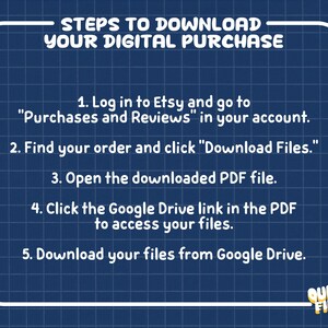 May include: A blue digital download guide with white text. The guide provides five steps to download a digital purchase from Etsy, including accessing files from Google Drive. The image has a white border and a grid background.