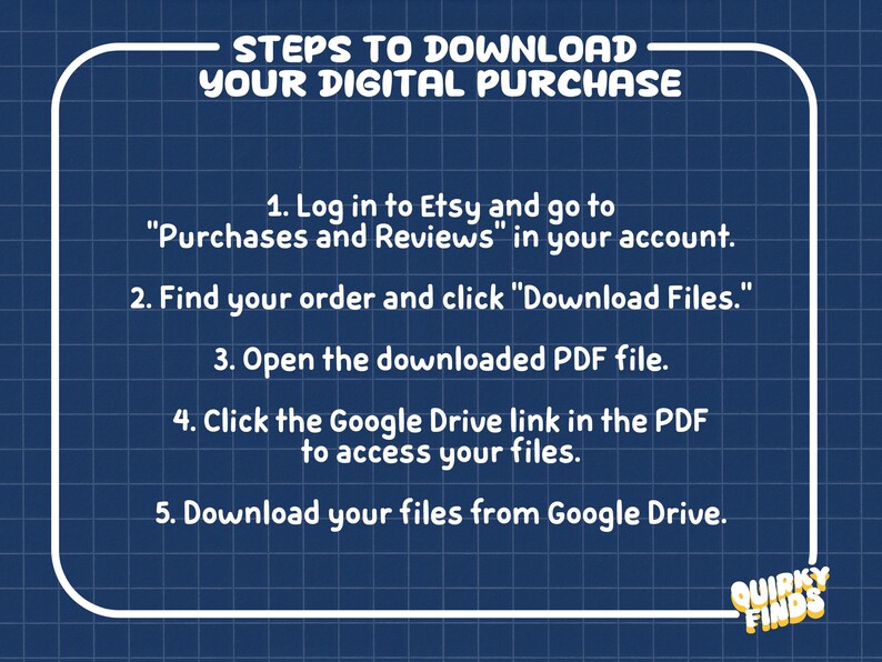 May include: A blue digital download guide with white text. The guide provides five steps to download a digital purchase from Etsy, including accessing files from Google Drive. The image has a white border and a grid background.