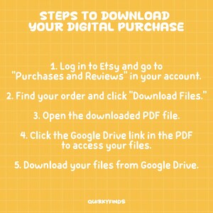 May include: A yellow background with a grid pattern displays instructions for downloading digital purchases from Etsy. The text includes steps to access files via the Etsy account, download files, and use a Google Drive link.