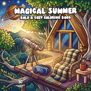 May include: A colorful illustration of a treehouse scene with the text "MAGICAL SUMMER BOLD & COZY COLORING BOOK". The image features a telescope, a cozy chair, and a mug on a small table. The background shows a starry night sky and a planet.