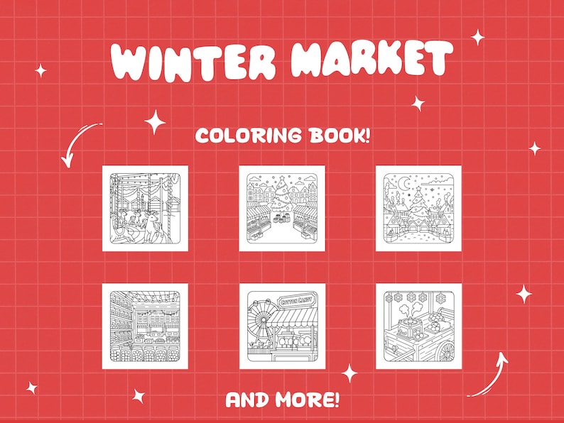 Puede incluir: Fondo rojo con texto blanco que dice "WINTER MARKET" y "COLORING BOOK!". La imagen presenta ilustraciones en blanco y negro de escenas de mercado de invierno, incluyendo una noria y puestos.