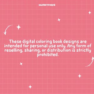 May include: Pink background with a grid pattern, white stars, and text that reads "QUIRKYFINDS." The text states that digital coloring book designs are for personal use only, and reselling, sharing, or distribution is prohibited.