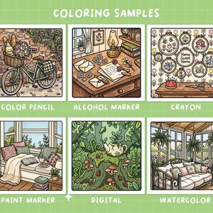 May include: A grid of six illustrations labeled "Coloring Samples." Each square depicts a different scene, including a bicycle with flowers, a desk with stationery, and a cozy reading nook. The text below each image indicates the coloring medium used.