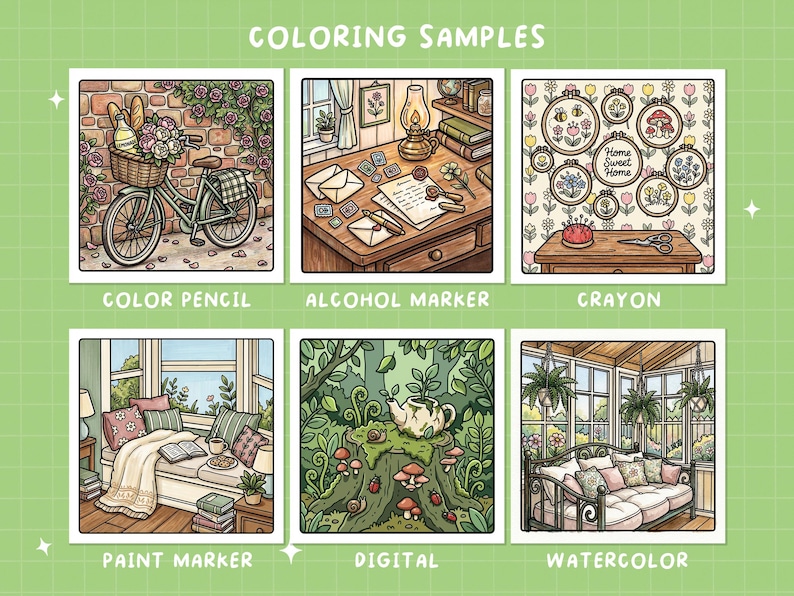 May include: A grid of six illustrations labeled "Coloring Samples." Each square depicts a different scene, including a bicycle with flowers, a desk with stationery, and a cozy reading nook. The text below each image indicates the coloring medium used.