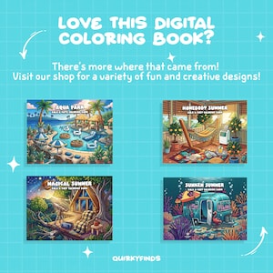 May include: A digital coloring book advertisement on a light blue grid background featuring four distinct illustrations titled Aqua Park, Homebody Summer, Magical Summer, and Sunken Summer, with the text Love This Digital Coloring Book?