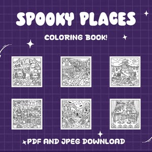 May include: A digital colouring book titled SPOOKY PLACES featuring six distinct black and white line art illustrations of haunted settings. The collection includes scenes of mysterious interiors and outdoor landscapes, available as a PDF and JPEG download.