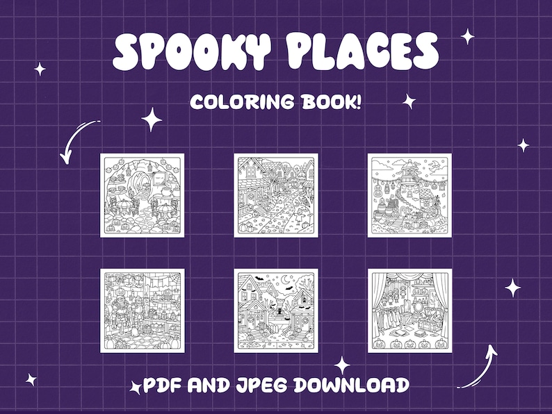 May include: A digital colouring book titled SPOOKY PLACES featuring six distinct black and white line art illustrations of haunted settings. The collection includes scenes of mysterious interiors and outdoor landscapes, available as a PDF and JPEG download.
