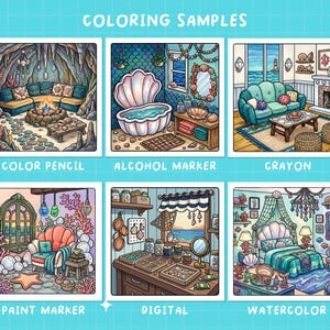 May include: Six square coloring samples labeled COLORING SAMPLES, COLOR PENCIL, ALCOHOL MARKER, CRAYON, PAINT MARKER, DIGITAL, and WATERCOLOR. The illustrations depict various interior rooms with nautical and seashell themes in different artistic styles.