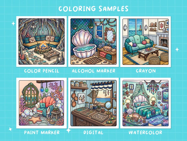May include: Six square coloring samples labeled COLORING SAMPLES, COLOR PENCIL, ALCOHOL MARKER, CRAYON, PAINT MARKER, DIGITAL, and WATERCOLOR. The illustrations depict various interior rooms with nautical and seashell themes in different artistic styles.