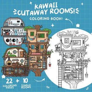 May include: A coloring book cover with the text "KAWAII CUTAWAY ROOMS! COLORING BOOK!". The image features detailed illustrations of treehouses and other rooms, with 22 coloring pages and 10 single rooms.
