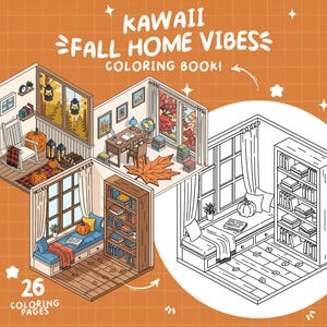 May include: An illustration of a coloring book titled "Kawaii Fall Home Vibes." The image depicts several cozy, autumn-themed rooms with furniture, pumpkins, and fall foliage. The book has 26 coloring pages.
