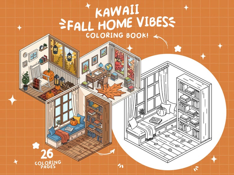 May include: An illustration of a coloring book titled "Kawaii Fall Home Vibes." The image depicts several cozy, autumn-themed rooms with furniture, pumpkins, and fall foliage. The book has 26 coloring pages.