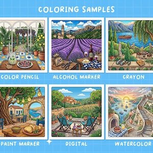 May include: A blue background with six square illustrations showcasing coloring samples. Each illustration depicts a scenic view, such as a lavender field, a coastal town, and a garden, with the coloring medium labeled below each image.