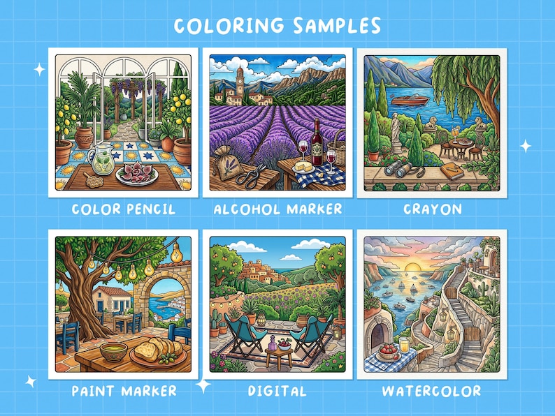 May include: A blue background with six square illustrations showcasing coloring samples. Each illustration depicts a scenic view, such as a lavender field, a coastal town, and a garden, with the coloring medium labeled below each image.