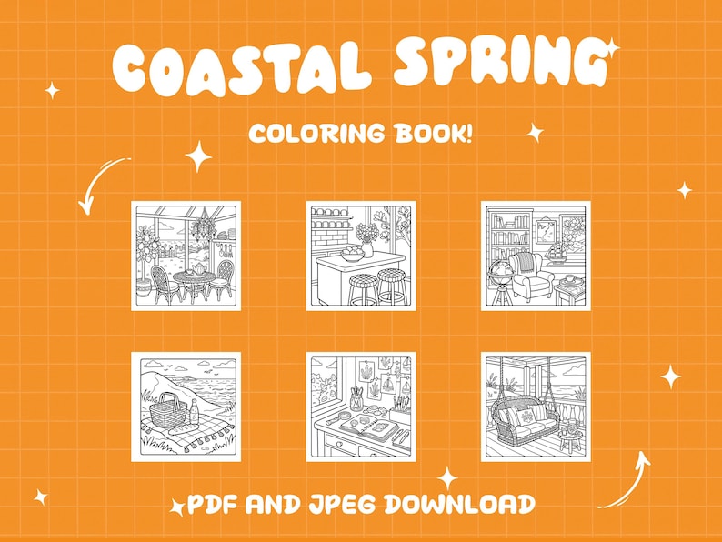 May include: An orange background with the words "COASTAL SPRING" and "COLORING BOOK!" in white, along with six black and white illustrations of coastal scenes. The text "PDF AND JPEG DOWNLOAD" is at the bottom.