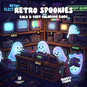 May include: A coloring book titled Retro Spookies Bold & Cozy Coloring Book featuring 38 coloring pages. The cover illustration shows glowing white ghosts interacting with vintage electronics like televisions, cassette players, and radios in a shop.