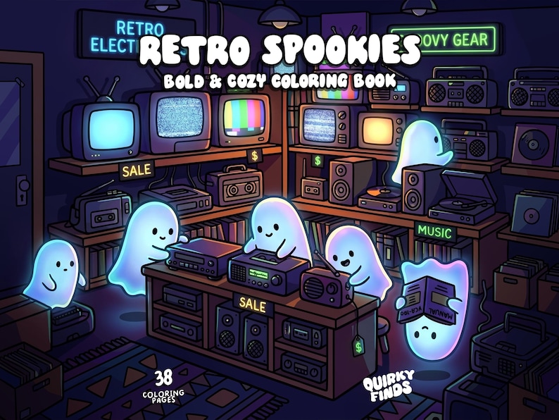 May include: A coloring book titled Retro Spookies Bold & Cozy Coloring Book featuring 38 coloring pages. The cover illustration shows glowing white ghosts interacting with vintage electronics like televisions, cassette players, and radios in a shop.