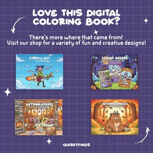 May include: An advertisement for digital colouring books. The image showcases four different book covers with themes such as a witch, a spooky arcade, autumn hygge, and autumn animals. Text invites viewers to visit the shop for more creative designs.