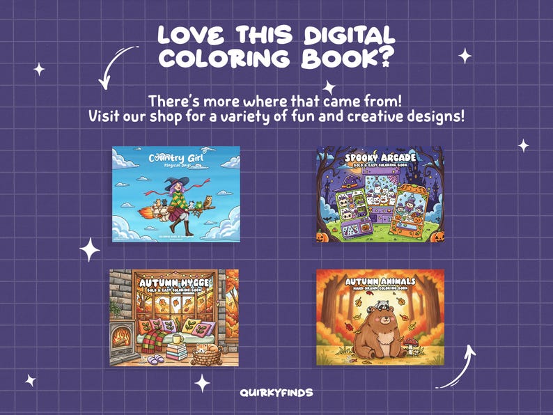 May include: An advertisement for digital colouring books. The image showcases four different book covers with themes such as a witch, a spooky arcade, autumn hygge, and autumn animals. Text invites viewers to visit the shop for more creative designs.
