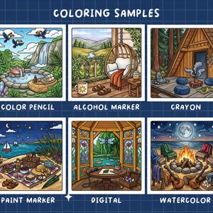 May include: A digital illustration showcasing six coloring samples. Each sample depicts a different scene, including a waterfall, a porch with a swing, a cabin, a beach picnic, a gazebo, and a campfire. The text "COLORING SAMPLES" is at the top.