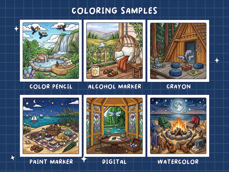 May include: A digital illustration showcasing six coloring samples. Each sample depicts a different scene, including a waterfall, a porch with a swing, a cabin, a beach picnic, a gazebo, and a campfire. The text "COLORING SAMPLES" is at the top.