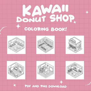 Pu&ograve; includere: Un libro da colorare in bianco e nero con sei diverse illustrazioni di una pasticceria kawaii di ciambelle. Le illustrazioni sono in stile isometrico e mostrano l'interno e l'esterno della pasticceria. Il titolo del libro &egrave; "Kawaii Donut Shop Coloring Book!" e il testo "PDF and PNG Download" &egrave; in fondo alla pagina.